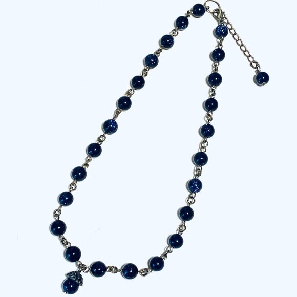 Dark Blue Goldstone Bronze Link Adjustable Short Necklace w/ Cute Acorn Pendant - Picture 12 of 15